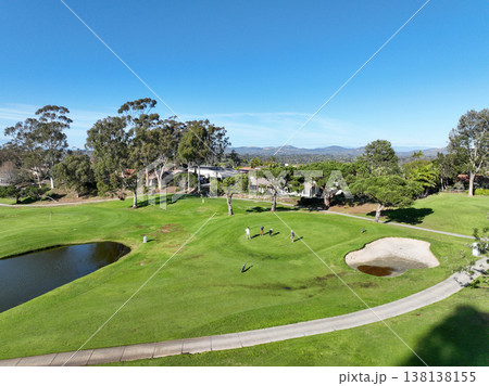 Aerial view video over a golf course in Solana Beach, San Diego, California 138138155