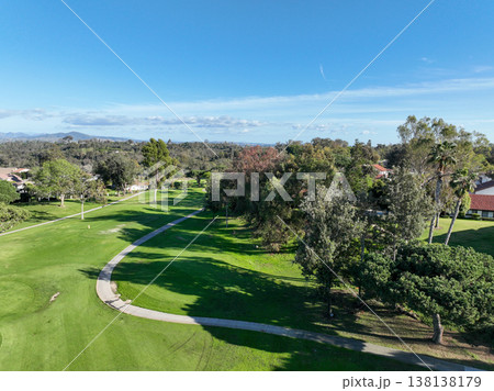 Aerial view video over a golf course in Solana Beach, San Diego, California 138138179
