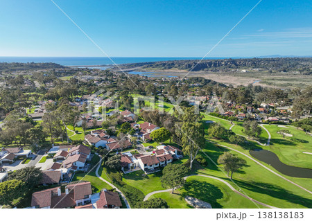 Aerial view video over a golf course in Solana Beach, San Diego, California 138138183