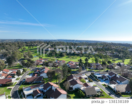 Aerial view video over a golf course in Solana Beach, San Diego, California 138138189