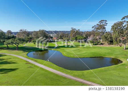 Aerial view video over a golf course in Solana Beach, San Diego, California 138138190
