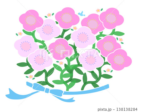 ピンクの花イラストとブルーのリボンと白もくもくフレーム素材（透過PNG）装飾パーツ 138138284