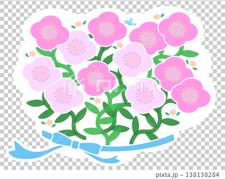 ピンクの花イラストとブルーのリボンと白もくもくフレーム素材（透過PNG）装飾パーツ 138138284