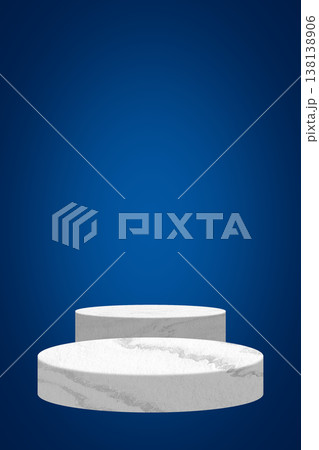 Modern white marble pedestal display podium against a vibrant blue background. 138138906