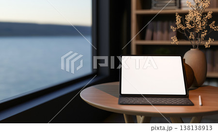 White screen tablet with keyboard and stylus on round wooden table aside bookshelf and glass window. White screen tablet with keyboard and stylus on round wooden table aside bookshelf and glass window. 138138913