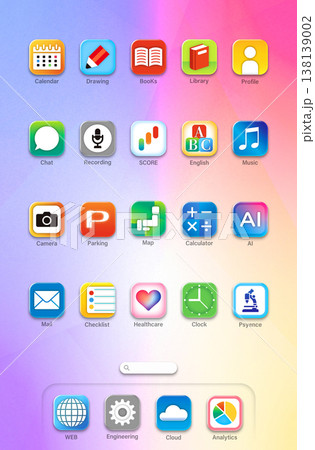 カラフルなアプリアイコンが並ぶホーム画面 138139002