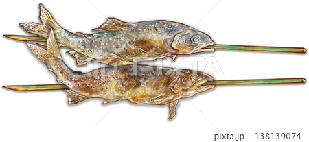 鮎の串焼き_鮎の塩焼き2本_横置き 138139074