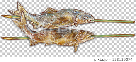 鮎の串焼き_鮎の塩焼き2本_横置き 138139074