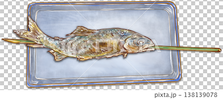Grilled sweetfish skewers - one grilled sweetfish with salt served on a plate Grilled sweetfish skewers - one grilled sweetfish with salt served on a plate 138139078