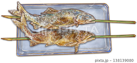 鮎の串焼き_皿に乗った鮎の塩焼き2本 138139080