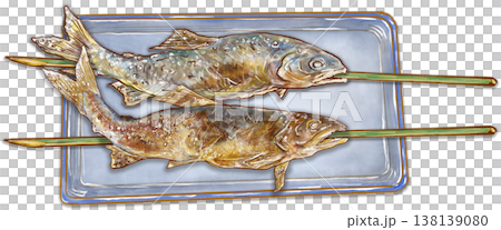 鮎の串焼き_皿に乗った鮎の塩焼き2本 138139080