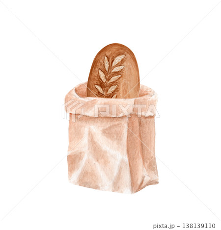 Paper bakery bag, artisan sourdough bread inside, watercolor illustration isolated on white. Hand painted rustic packaging design for bakery branding, label, menu, product presentation, food packaging 138139110