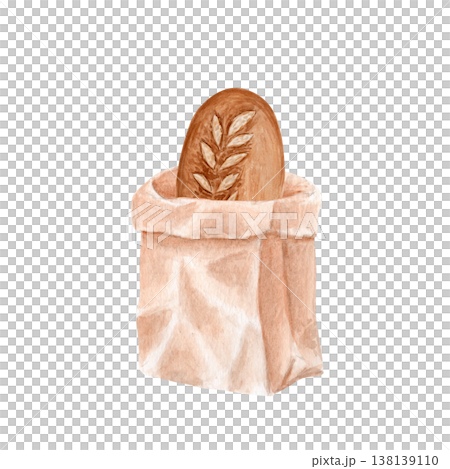 Paper bakery bag, artisan sourdough bread inside, watercolor illustration isolated on white. Hand painted rustic packaging design for bakery branding, label, menu, product presentation, food packaging 138139110