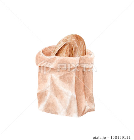 Paper bakery bag, artisan sourdough bread inside, watercolor illustration isolated on white. Hand painted rustic packaging design for bakery branding, label, menu, product presentation, food packaging 138139111