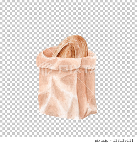 Paper bakery bag, artisan sourdough bread inside, watercolor illustration isolated on white. Hand painted rustic packaging design for bakery branding, label, menu, product presentation, food packaging 138139111
