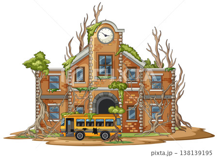 Abandoned Brick School Building with Overgrown Vines and Bus 138139195