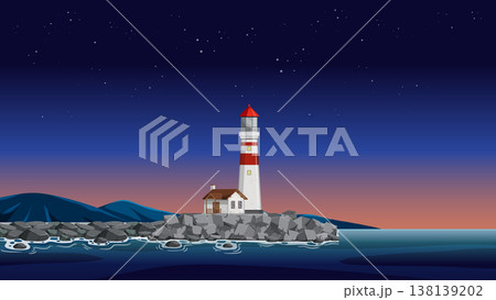 Red and White Lighthouse on Rocky Coast Under Starry Night Sky 138139202