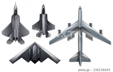 Top View Vector Illustration of Modern Military Fighter Jets and Bombers 138139203