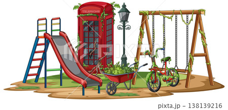 Abandoned Playground with Overgrown Vines and Old Telephone Booth Abandoned Playground with Overgrown Vines and Old Telephone Booth 138139216