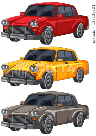 Set of Vintage Sedans in Three Bright Colors 138139221