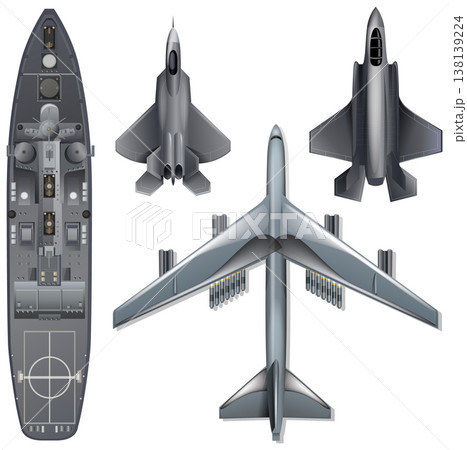 Top View Vector Illustration of Military Warship and Strategic Aircraft 138139224