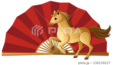 Chinese Zodiac Horse Vector Illustration with Red Folding Hand Fan Chinese Zodiac Horse Vector Illustration with Red Folding Hand Fan 138139227