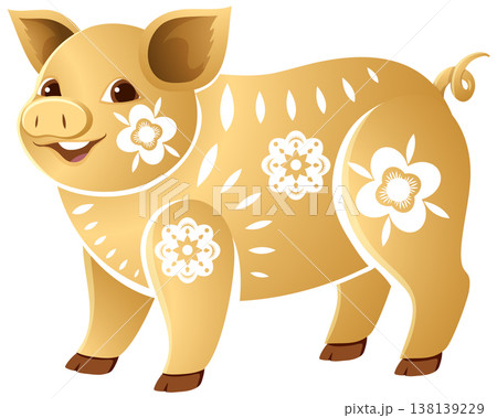 Golden Chinese Zodiac Pig Vector Illustration with Floral Patterns 138139229