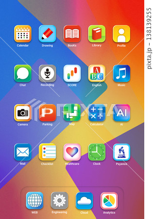 カラフルなアイコンが並ぶスマートフォンホーム画面 カラフルなアイコンが並ぶスマートフォンホーム画面 138139255
