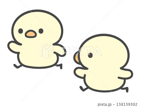 かけっこで競争するひよこたち 徒競走で走るかわいいキャラクターの手描きイラスト 138139302