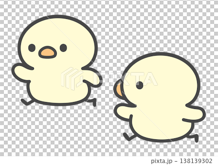かけっこで競争するひよこたち 徒競走で走るかわいいキャラクターの手描きイラスト 138139302