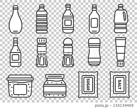 一組描繪各種調味品圖示的線條藝術插圖。 一組描繪各種調味品圖示的線條藝術插圖。 138139409