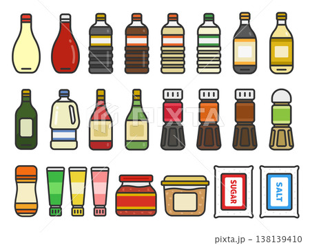 いろいろな、調味料のアイコン(線画カラー)のイラストセット いろいろな、調味料のアイコン(線画カラー)のイラストセット 138139410