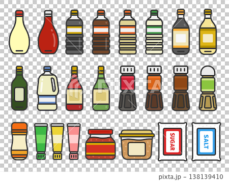 A set of illustrations of various condiment icons (line art in color). A set of illustrations of various condiment icons (line art in color). 138139410