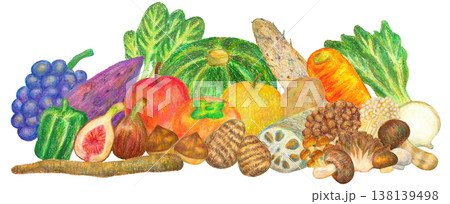 秋の味覚の集合イラスト オイルパステル画 138139498