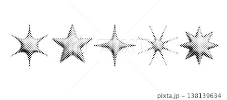 Halftone grunge stars set. 3d dotted grain star shape collection. Pixelated comic burst and sparkle for poster, banner, flyer, collage, sticker. 8 bit bitmap element bundle. Vector graphic design pack 138139634