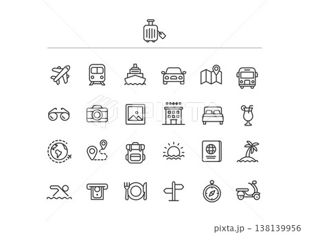 Comprehensive Travel and Vacation Outline Icon Set stock illustration. 138139956