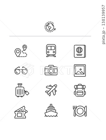 Line Icons for Global Travel, Vacation Planning and Tourism Stock Illustration. Line Icons for Global Travel, Vacation Planning and Tourism Stock Illustration. 138139957