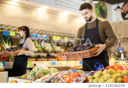 Eco food vegetable market, man worker and avocado. Eco food vegetable market, man worker and avocado. 138140244