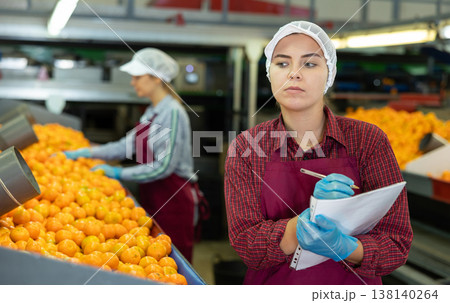 Young forewoman with papers controlling work on tangerines sorting line 138140264