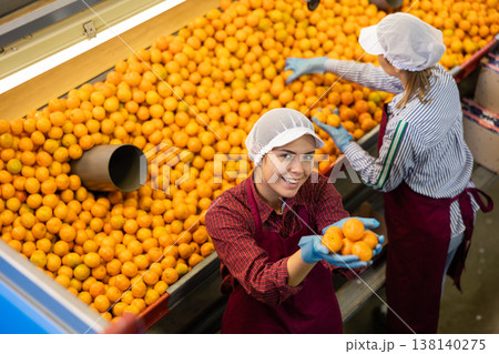 Two cheerful female workers hold ripe fresh sorted tangerines in their palms. Top view. Two cheerful female workers hold ripe fresh sorted tangerines in their palms. Top view. 138140275