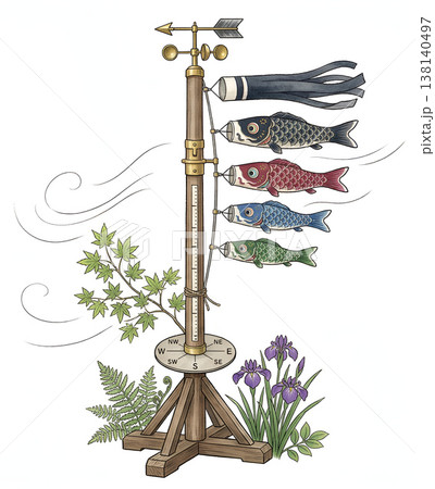 端午の節句のこいのぼり飾りと菖蒲の和風イラスト 138140497