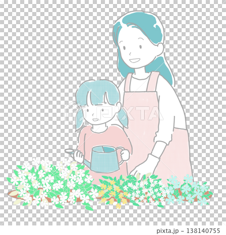 一幅插圖，描繪了一個女孩在花園裡澆花，一個女人在一旁看著她。 138140755