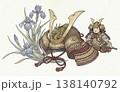 菖蒲と武者人形を添えた端午の節句の兜飾りイラスト 138140792