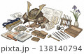 端午の節句の兜制作道具と材料を並べた和風イラスト 138140794