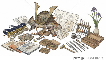 端午の節句の兜制作道具と材料を並べた和風イラスト 138140794