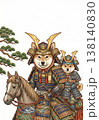 端午の節句の鎧兜姿の柴犬親子と馬の和風イラスト 138140830