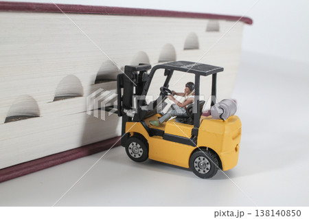 Miniature Forklift Lifting Oversized Book With Detailed Scene 138140850