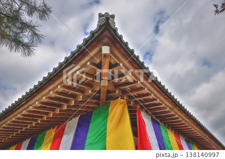 Colorful Buddhist Flags Draped Over a Traditional Temple Porch i Nov 28 2025 Colorful Buddhist Flags Draped Over a Traditional Temple Porch i Nov 28 2025 138140997
