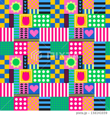 Modern Geometric Abstract Patchwork Background with Bright Shapes Heart Flower Modern Geometric Abstract Patchwork Background with Bright Shapes Heart Flower 138141039