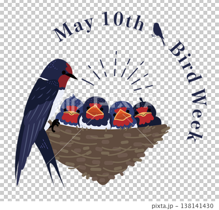 愛鳥週間のロゴとツバメの親子（巣とヒナ）のイラスト素材 138141430
